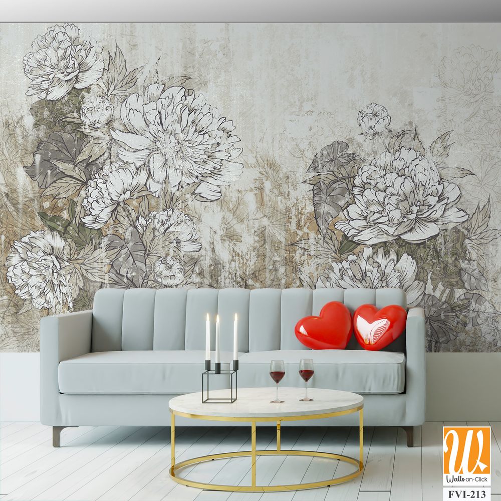 Vintage peonies on a textured background in the interior of any room, style, composition, drawing [WP-FVI-213]