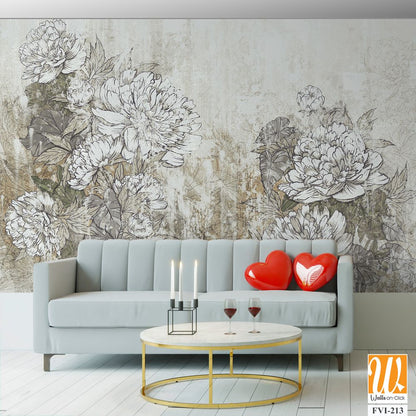 Vintage peonies on a textured background in the interior of any room, style, composition, drawing [WP-FVI-213]