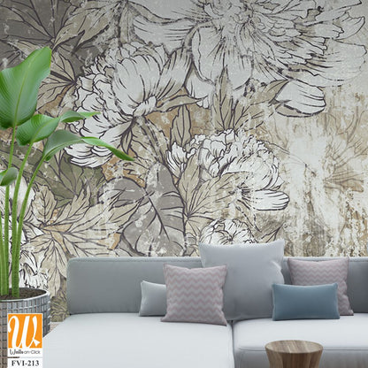 Vintage peonies on a textured background in the interior of any room, style, composition, drawing [WP-FVI-213]