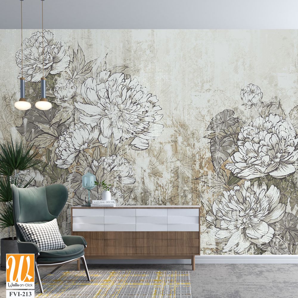 Vintage peonies on a textured background in the interior of any room, style, composition, drawing [WP-FVI-213]