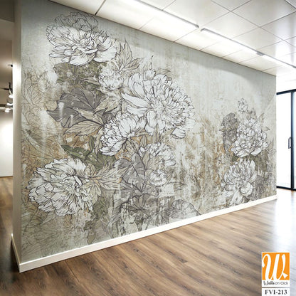 Vintage peonies on a textured background in the interior of any room, style, composition, drawing [WP-FVI-213]