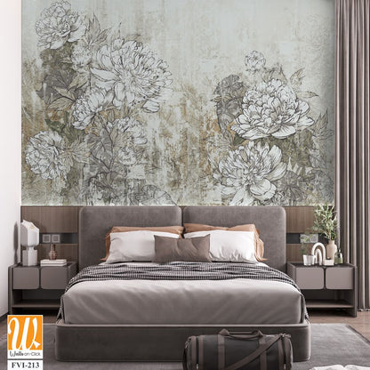 Vintage peonies on a textured background in the interior of any room, style, composition, drawing [WP-FVI-213]