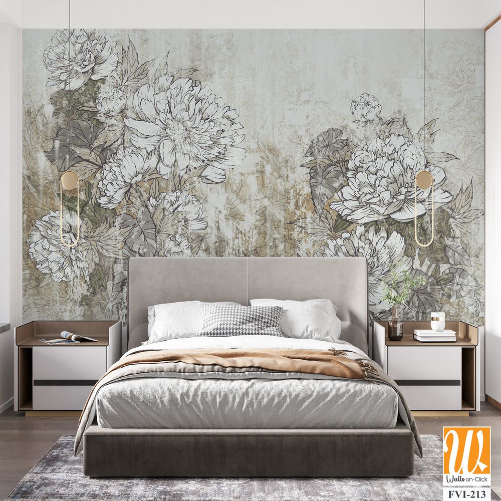 Vintage peonies on a textured background in the interior of any room, style, composition, drawing [WP-FVI-213]