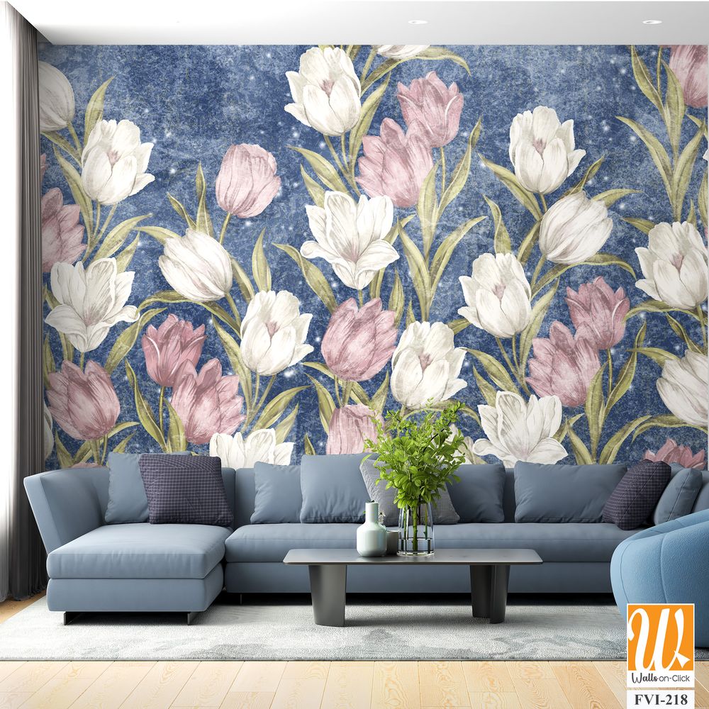 Colored very bright painted tulips, wall murals in the room interior of a house or apartment [WP-FVI-218]