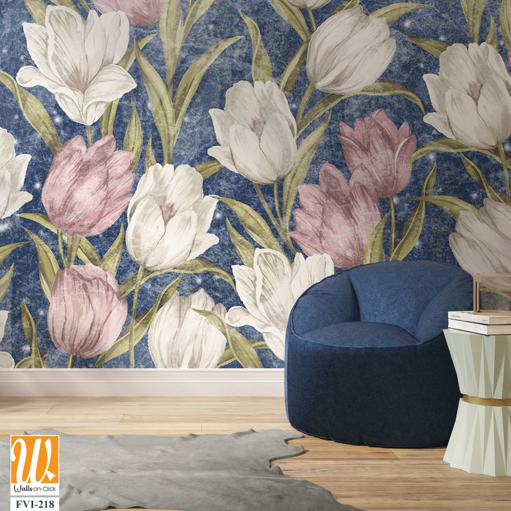 Colored very bright painted tulips, wall murals in the room interior of a house or apartment [WP-FVI-218]