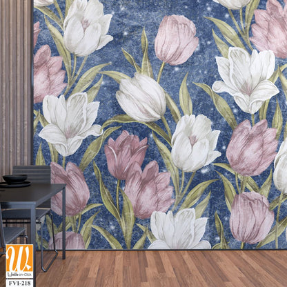 Colored very bright painted tulips, wall murals in the room interior of a house or apartment [WP-FVI-218]