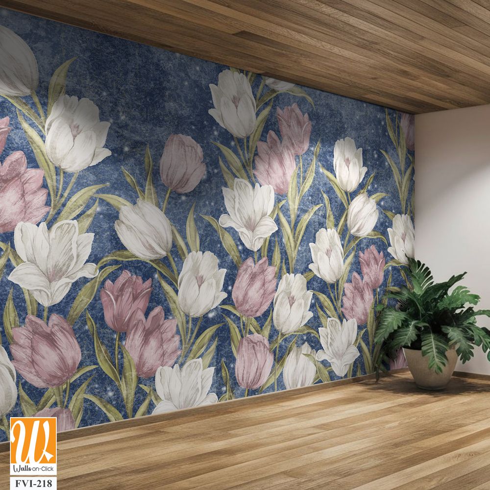 Colored very bright painted tulips, wall murals in the room interior of a house or apartment [WP-FVI-218]