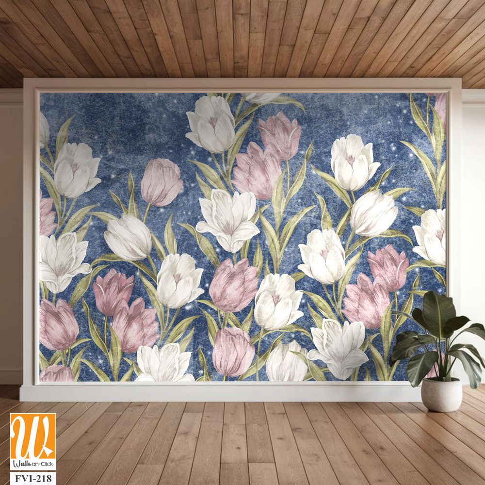 Colored very bright painted tulips, wall murals in the room interior of a house or apartment [WP-FVI-218]