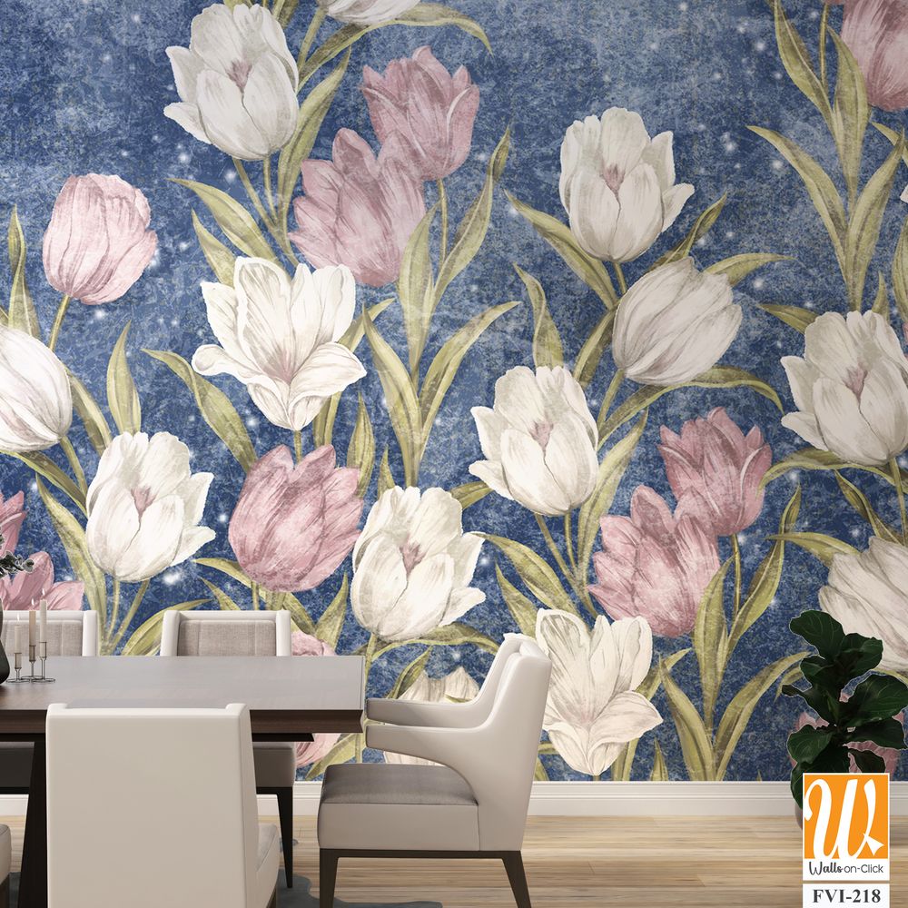 Colored very bright painted tulips, wall murals in the room interior of a house or apartment [WP-FVI-218]