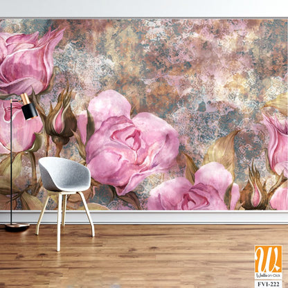 Drawn art roses on a textured background, photo wallpaper on the wall in any interior of the house or room [WP-FVI-222]