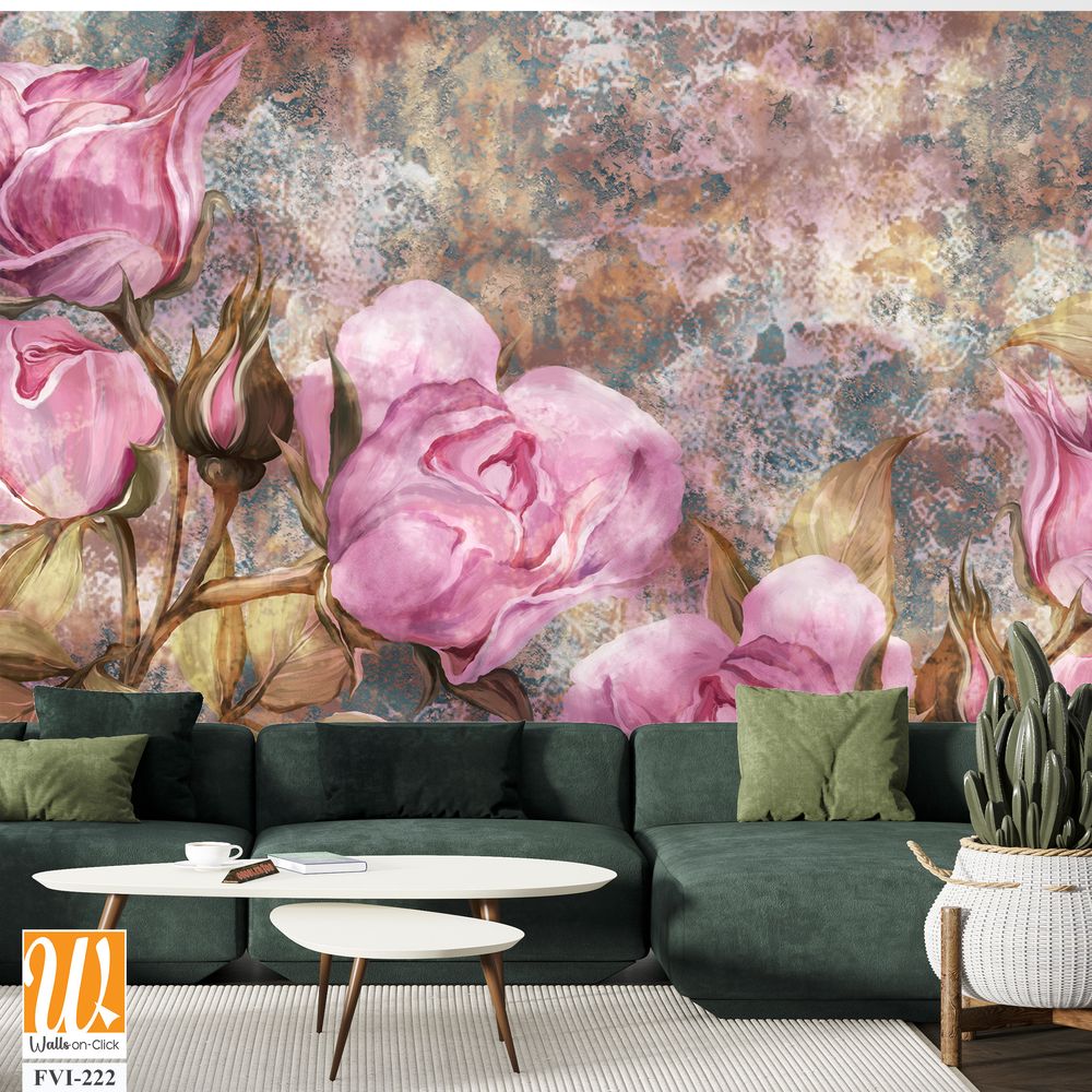 Drawn art roses on a textured background, photo wallpaper on the wall in any interior of the house or room [WP-FVI-222]