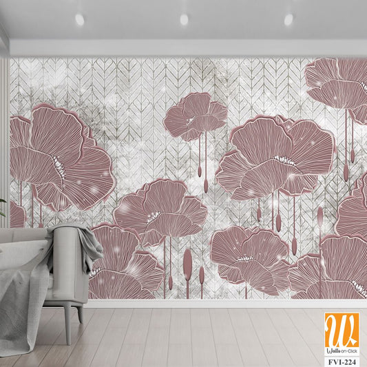 Graphic art poppies, drawing with poppies, photo wallpaper in the room, drawing in the interior of the house, flowers on a textured background with lazy elements, so the drawing can be used on covers, [WP-FVI-224]