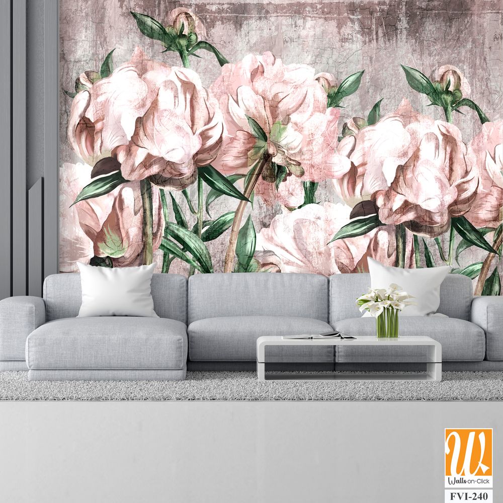 Large art peony painted on a textured background in pastel shades, merge photomurals into the rooms or the interior of the house [WP-FVI-240]