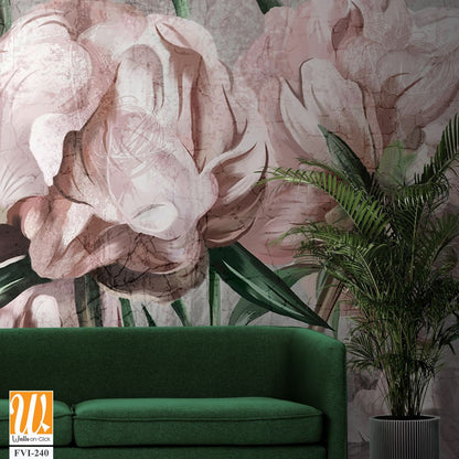 Large art peony painted on a textured background in pastel shades, merge photomurals into the rooms or the interior of the house [WP-FVI-240]