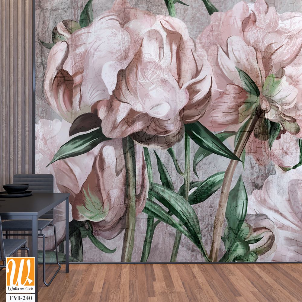 Large art peony painted on a textured background in pastel shades, merge photomurals into the rooms or the interior of the house [WP-FVI-240]