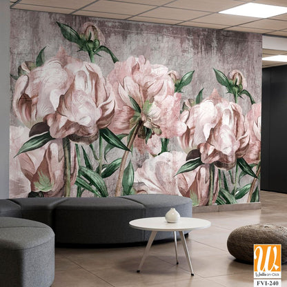 Large art peony painted on a textured background in pastel shades, merge photomurals into the rooms or the interior of the house [WP-FVI-240]