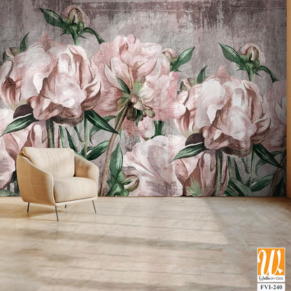 Large art peony painted on a textured background in pastel shades, merge photomurals into the rooms or the interior of the house [WP-FVI-240]