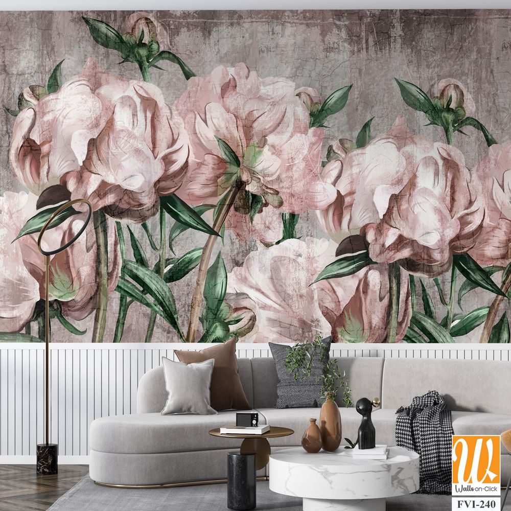 Large art peony painted on a textured background in pastel shades, merge photomurals into the rooms or the interior of the house [WP-FVI-240]