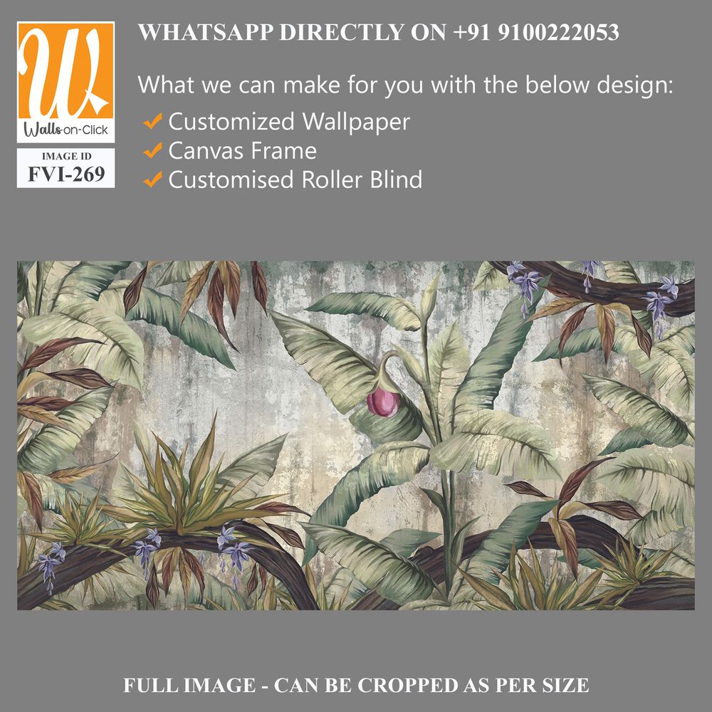 A textured shabby background that depicts the tropics, which depicts leaves, branches, ferns, large branches, winds [WP-FVI-269]