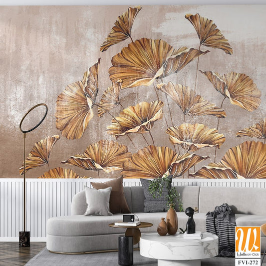 Art painted golden leaves in pastel technique on a texture wall, photo wallpaper in the interior [WP-FVI-272]