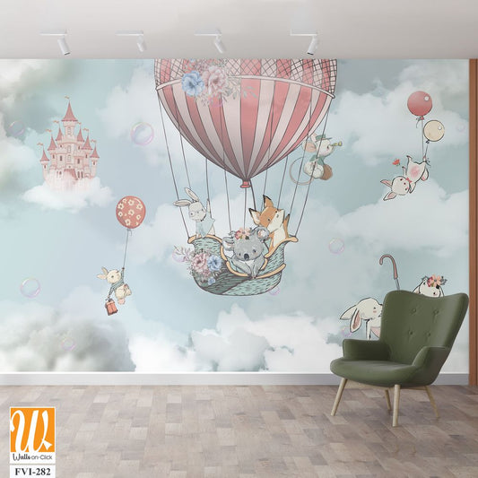 Baby animals in hot air balloons above fluffy clouds [WP-FVI-282]