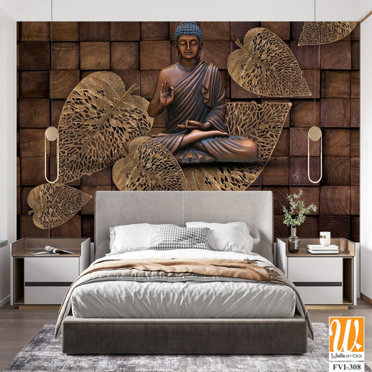 Buddha statue in lotus position by wooden leaves [WP-FVI-308]