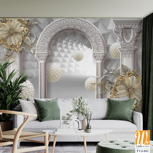 3D wallpaper featuring a white arch with golden flower [WP-FVJ-041]