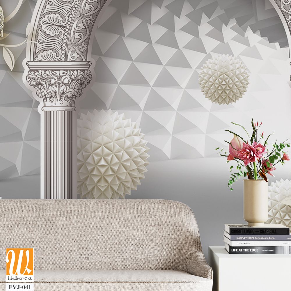 3D wallpaper featuring a white arch with golden flower [WP-FVJ-041]