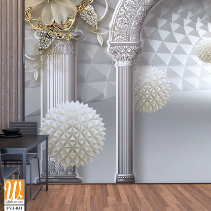 3D wallpaper featuring a white arch with golden flower [WP-FVJ-041]