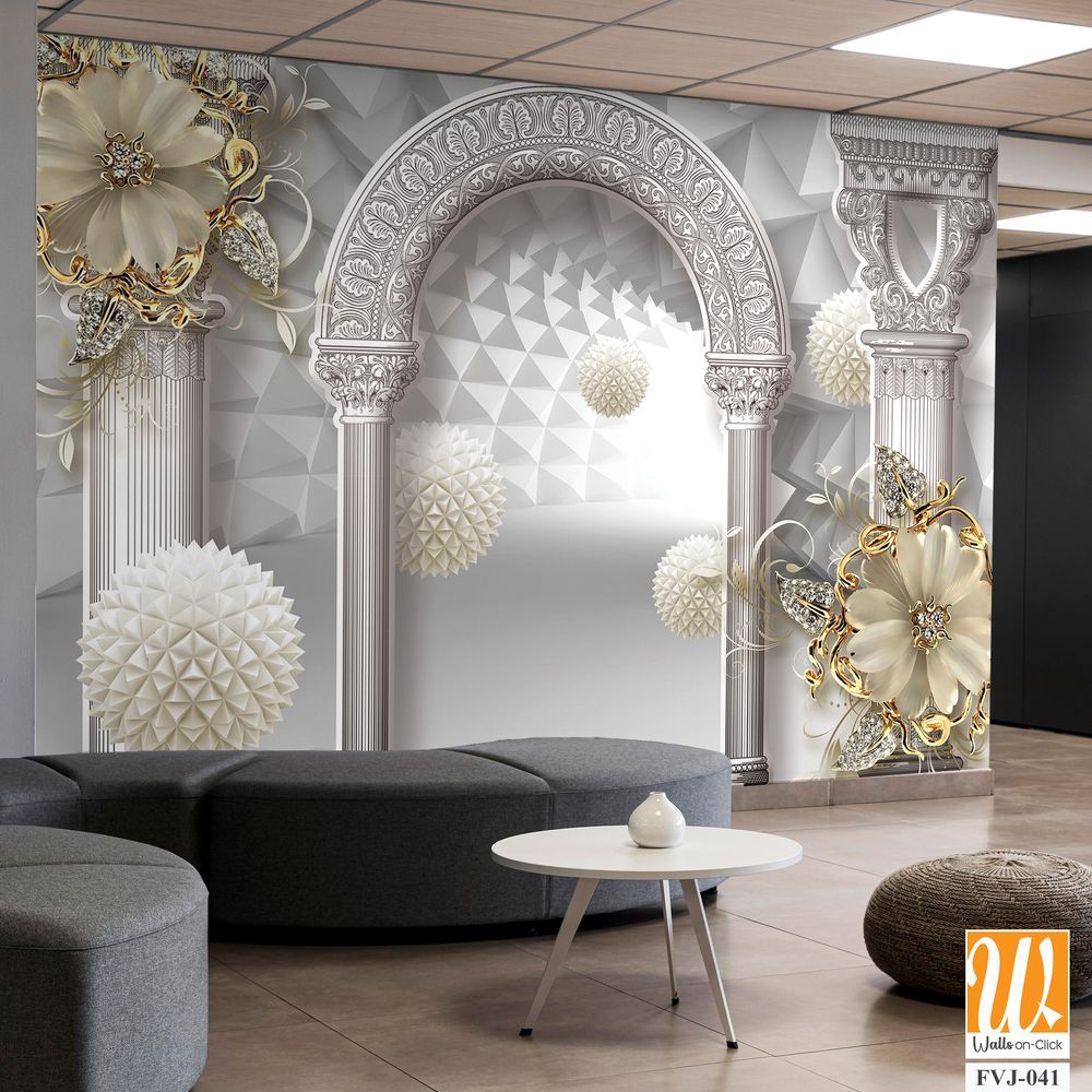 3D wallpaper featuring a white arch with golden flower [WP-FVJ-041]