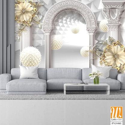 3D wallpaper featuring a white arch with golden flower [WP-FVJ-041]