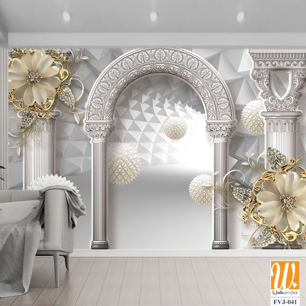 3D wallpaper featuring a white arch with golden flower [WP-FVJ-041]