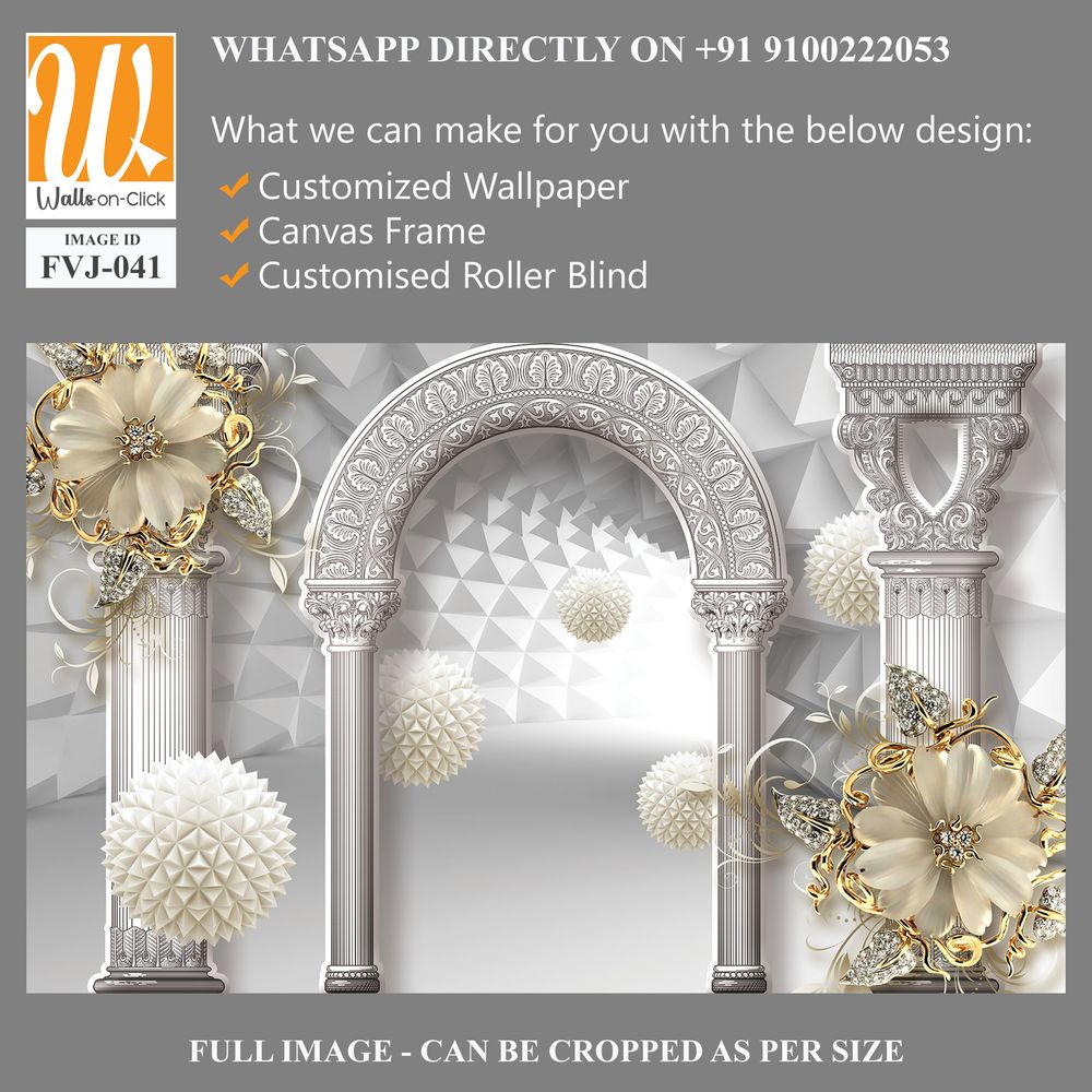 3D wallpaper featuring a white arch with golden flower [WP-FVJ-041]