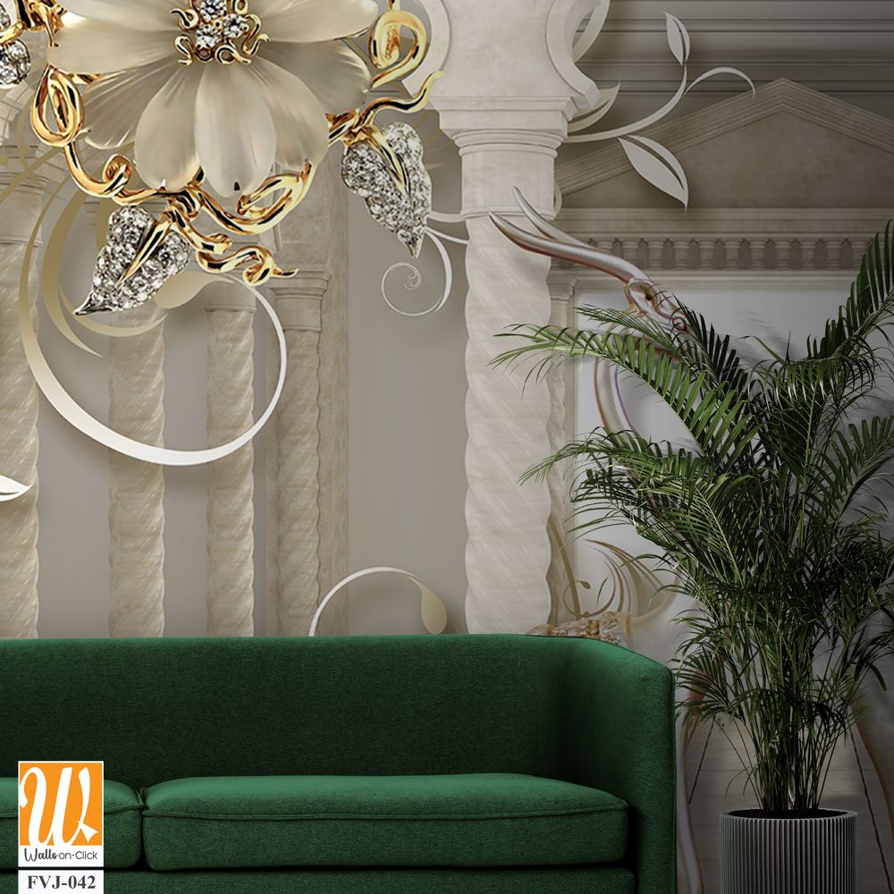 3D wallpaper with gold and silver flowers [WP-FVJ-042]