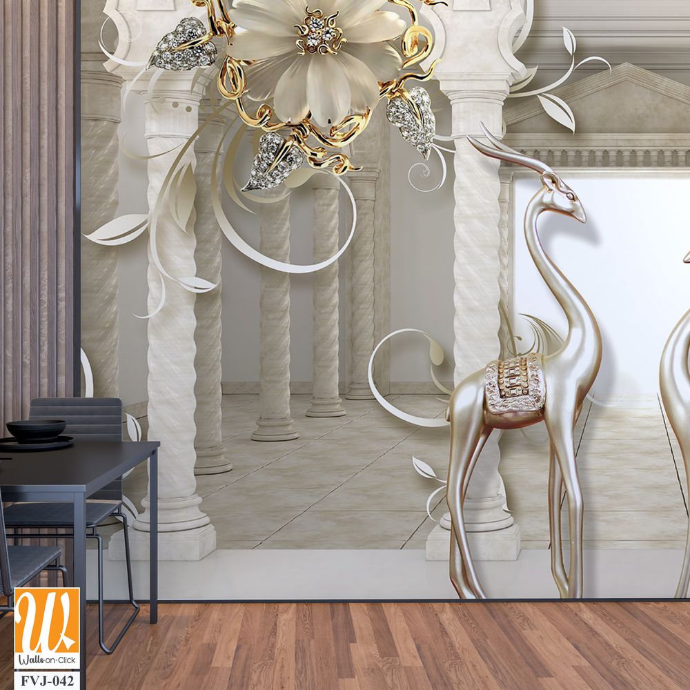 3D wallpaper with gold and silver flowers [WP-FVJ-042]