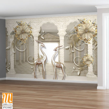 3D wallpaper with gold and silver flowers [WP-FVJ-042]