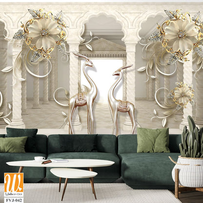 3D wallpaper with gold and silver flowers [WP-FVJ-042]