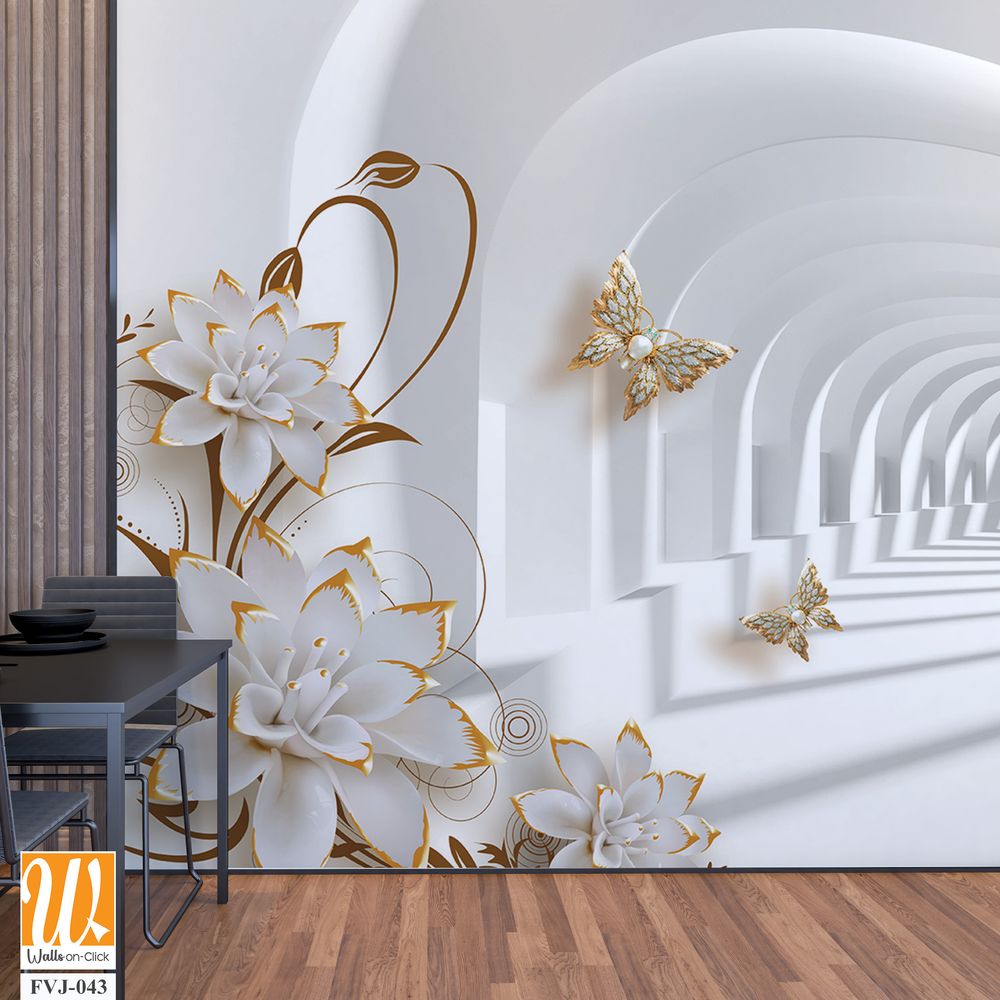 3D white arched tunnel with golden flowers and butterflies [WP-FVJ-043]