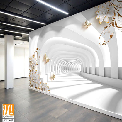 3D white arched tunnel with golden flowers and butterflies [WP-FVJ-043]