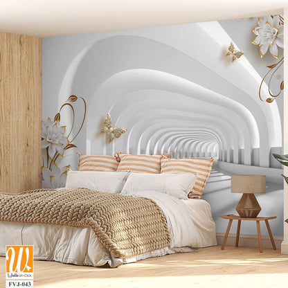 3D white arched tunnel with golden flowers and butterflies [WP-FVJ-043]