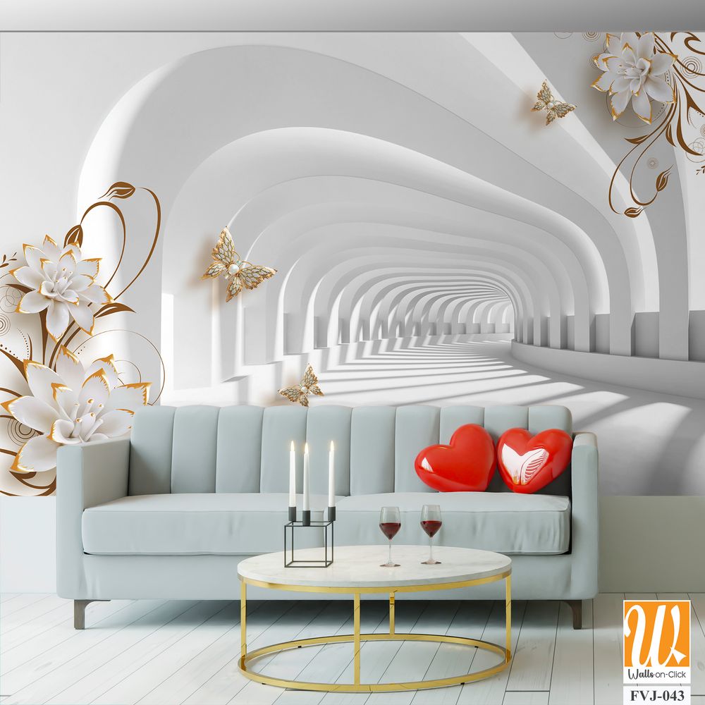 3D white arched tunnel with golden flowers and butterflies [WP-FVJ-043]