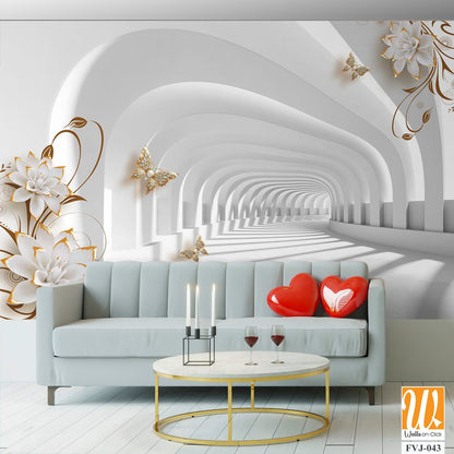 3D white arched tunnel with golden flowers and butterflies [WP-FVJ-043]