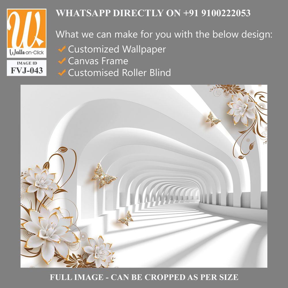 3D white arched tunnel with golden flowers and butterflies [WP-FVJ-043]