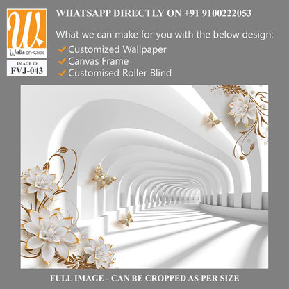 3D white arched tunnel with golden flowers and butterflies [WP-FVJ-043]