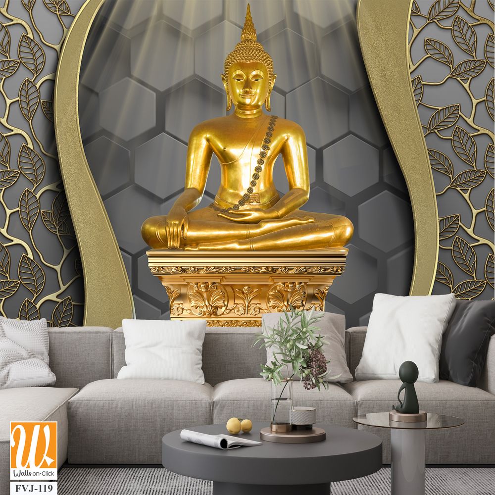 3D art of a golden Buddha with a decorative border [WP-FVJ-119]