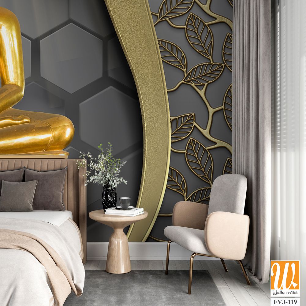 3D art of a golden Buddha with a decorative border [WP-FVJ-119]