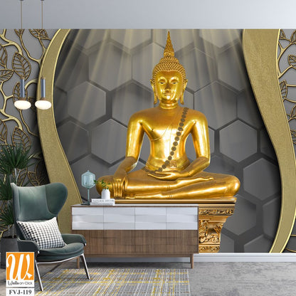 3D art of a golden Buddha with a decorative border [WP-FVJ-119]