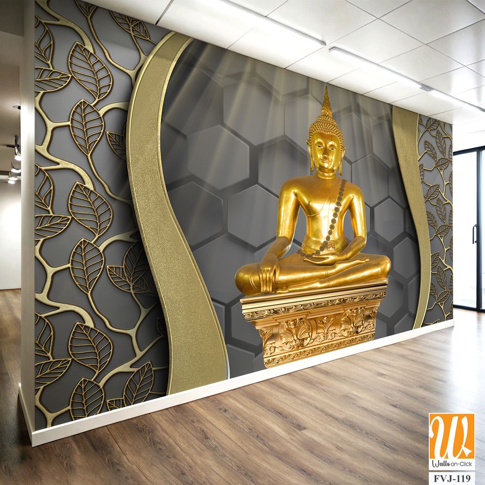 3D art of a golden Buddha with a decorative border [WP-FVJ-119]