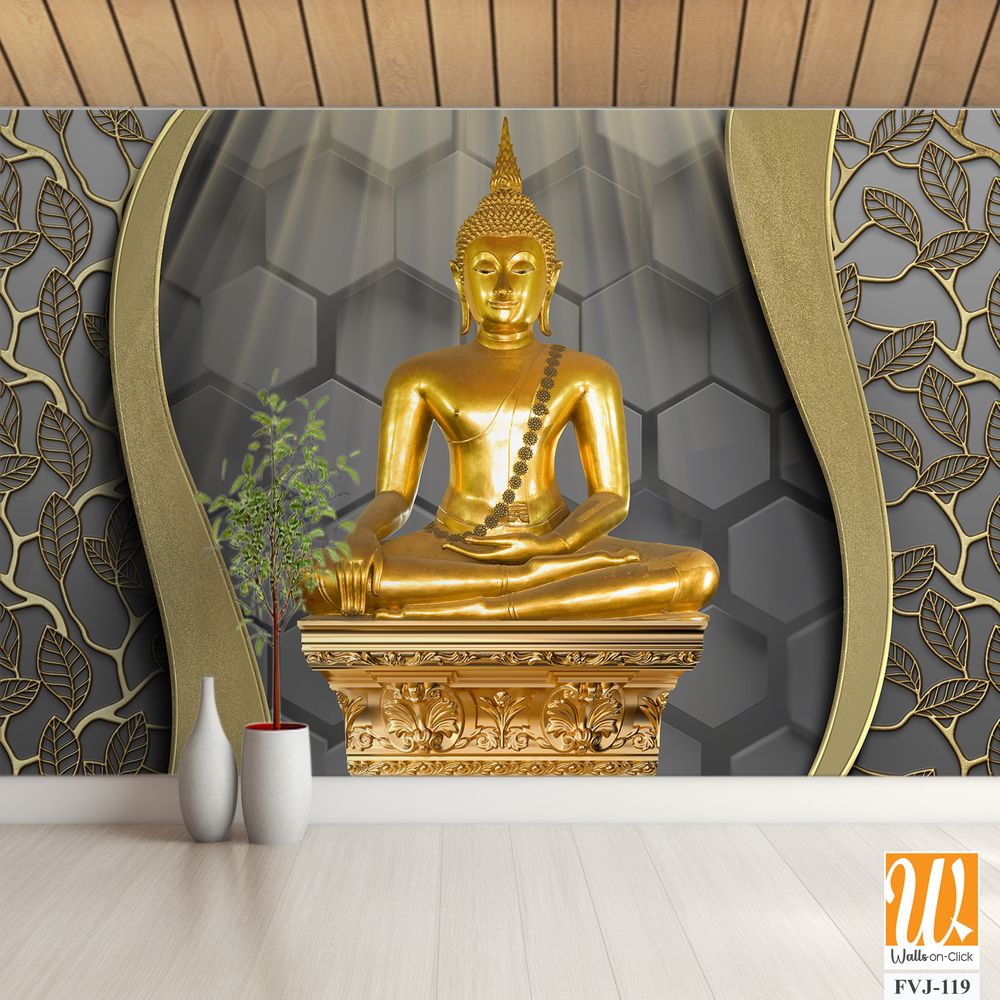 3D art of a golden Buddha with a decorative border [WP-FVJ-119]