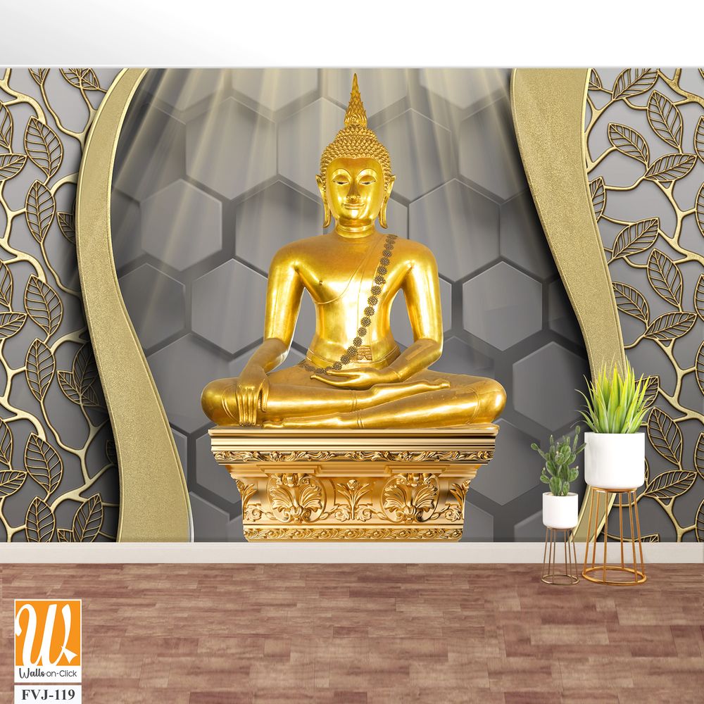 3D art of a golden Buddha with a decorative border [WP-FVJ-119]